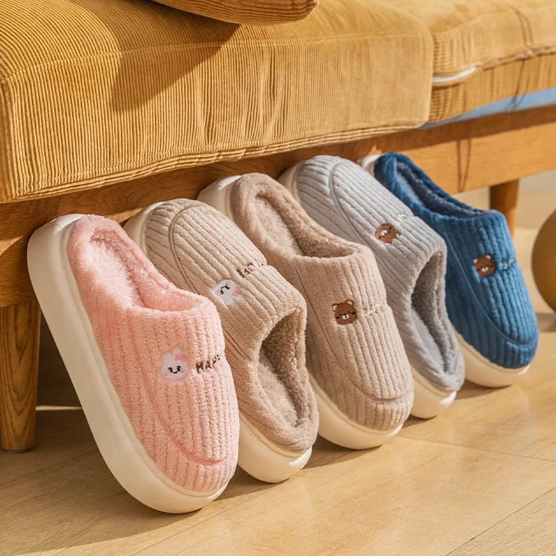 Women Men Winter Cartoon Embroidery Plush Slippers Thick Sole Corduroy Warm Indoor Home Shoes Soft Non Slip Couple House Slipper
