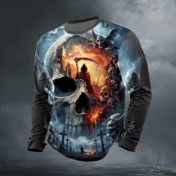Graphic skull design casual subculture men's 3D printing sports outdoor long-sleeved round neck shirt spring and autumn clothing