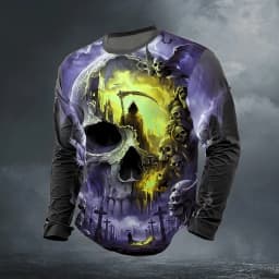 Graphic skull design casual subculture men's 3D printing sports outdoor long-sleeved round neck shirt spring and autumn clothing