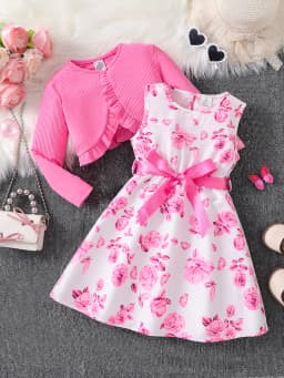 Children's Clothing Girl Autumn Fashion Casual Pink Floral Dress Set 2-Piece Set - Pink Round Neck Vest + Pink Floral Skirt