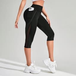 Mesh High Waist Yoga Pants Capri Leggings with Pockets for Women Tummy Control Workout Capri Leggings for Women