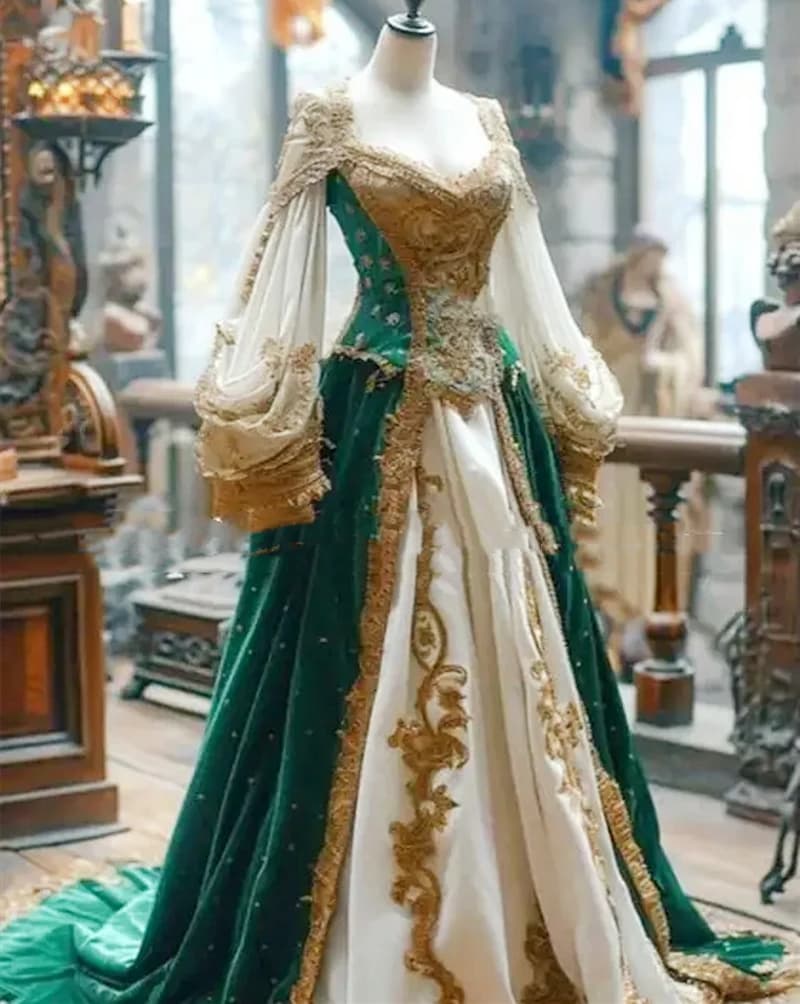 Elegant Medieval Evening Dress For Women Long Sleeves White And Green A Line Vintage Formal Event Party Gowns Customized