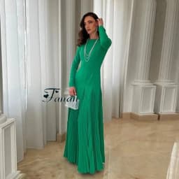 Customized Jiayigong Fashion Simple Green Jersey Evening Dresses O-neck Sexy Backless Full Sleeves A-line Floor Length Pageant P