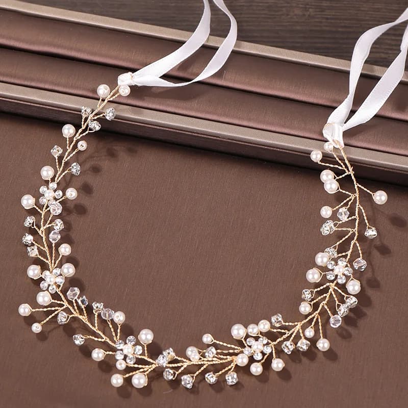 Trendy Gold Pearl Crystal Wedding Headband tiara Bridal Headpiece Hairband  Wedding Hair Accessories Women Hair Jewelry Handmade