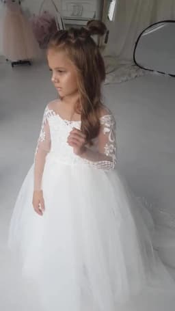 BABYONLINE Holy White CVommunion Dress Long Sleeve Lace and Floral on Bodice Top Sequins Tulle-Skirt Flowy A-line Gormal Gown