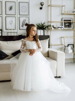 BABYONLINE Holy White CVommunion Dress Long Sleeve Lace and Floral on Bodice Top Sequins Tulle-Skirt Flowy A-line Gormal Gown