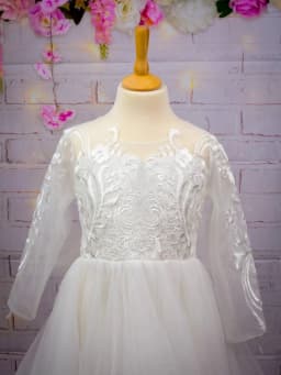 BABYONLINE Holy White CVommunion Dress Long Sleeve Lace and Floral on Bodice Top Sequins Tulle-Skirt Flowy A-line Gormal Gown
