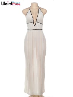 Weird Puss Sexy Elegant Halter Dress Women Summer Backless Lace-Up Color-Block Sleeveless Trendy Nightclub Wild Fashion Clothing