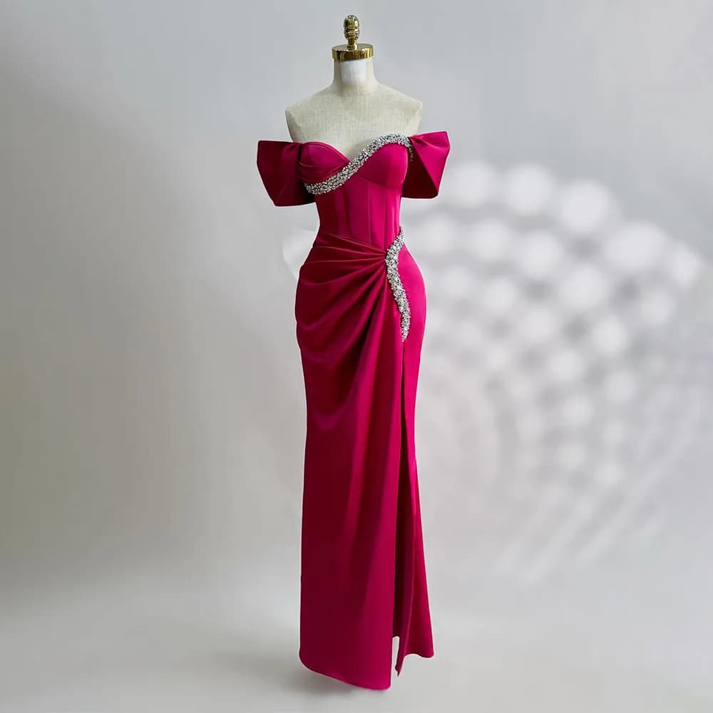 Customized Fuchsia Prom Dress Off the Shoulder Crystals Sweetheart Prom Gowns for Women Floor Length Column Formal Party Dresses