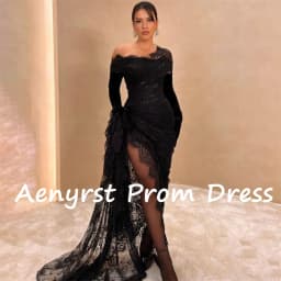 Aenyrst Black Illusion Lace Long Sleeves Customized Evening Dresses Mermaid Split Prom Dress Floor Length Dinner Party Gowns