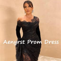 Aenyrst Black Illusion Lace Long Sleeves Customized Evening Dresses Mermaid Split Prom Dress Floor Length Dinner Party Gowns