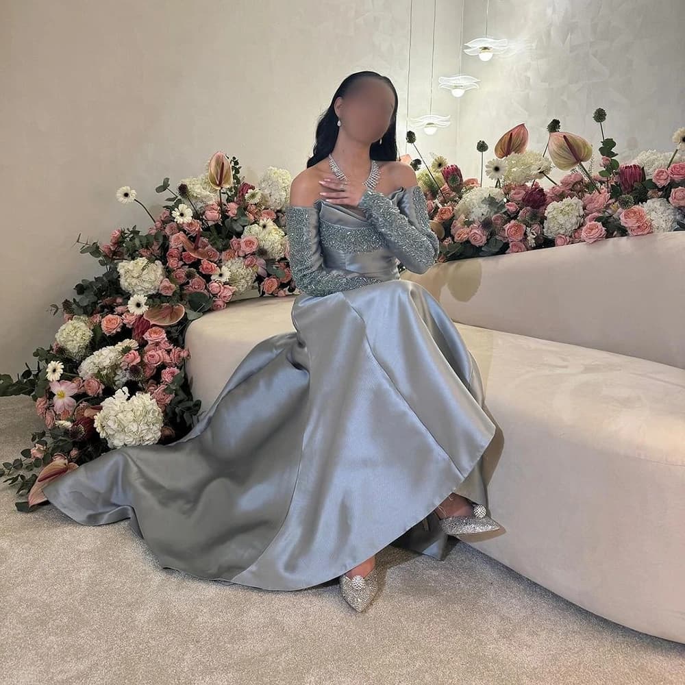 Customized sexy Fashion A-line Evening Dresses Intricate Sequined Sweep Train Three Quarter Sleeves Floor Length Formal Party Go