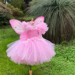 Girls Pink Fairy Dress Kids Glitter Tutu Flower Dresses with Wing and Stick Hairbow Children Birthday Halloween Party Costumes