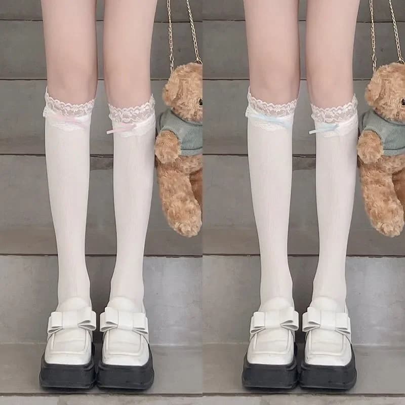 Women Lolita Lace-edge Bow Velvet Stockings Mid Leg Socks Thin Breathable Soft Cute College Style Kawaii JK Knee High Calf Socks