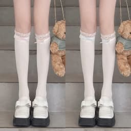 Women Lolita Lace-edge Bow Velvet Stockings Mid Leg Socks Thin Breathable Soft Cute College Style Kawaii JK Knee High Calf Socks
