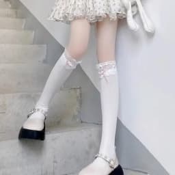 Women Lolita Lace-edge Bow Velvet Stockings Mid Leg Socks Thin Breathable Soft Cute College Style Kawaii JK Knee High Calf Socks