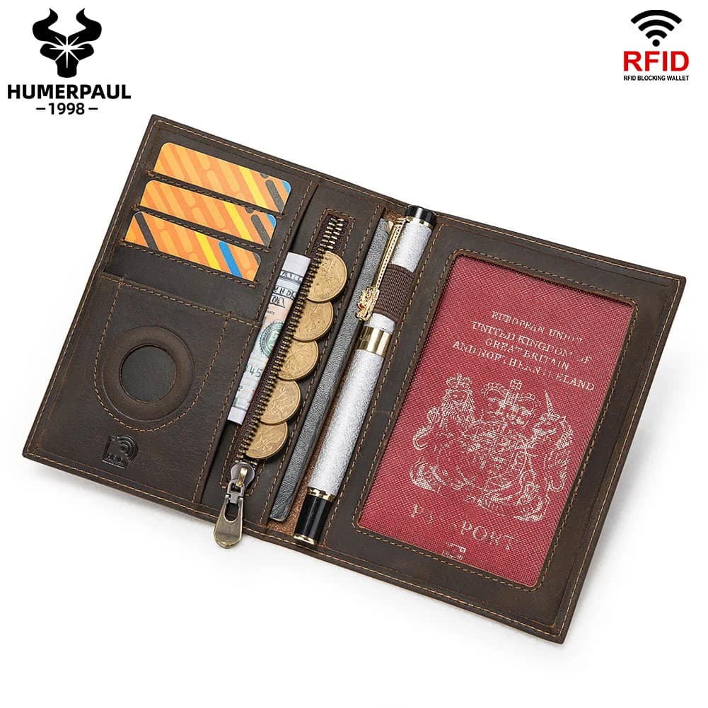 HUMERPAUL Passport Wallt with AirTag for Travel Essentials Crazy Horse Leather  RFID Credit Card Holder Pen Cover Money Bag