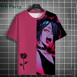 3D Print Clothing Anime Girls Rose Print Unisex Short Sleeve Anime Girls Graphic T Shirts Gothic T-Shirt Round Neck T-Shirt Tops