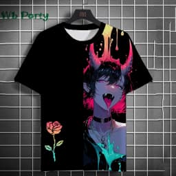 3D Print Clothing Anime Girls Rose Print Unisex Short Sleeve Anime Girls Graphic T Shirts Gothic T-Shirt Round Neck T-Shirt Tops