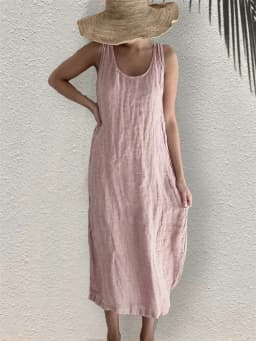 Women Comfortable Casual Cotton Linen Dresses 2026 Summer Solid Color Side Pockets Dress Female O Neck Pullover Sleeveless Gown