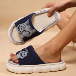 Linen Casual Slippers Women House Platform Cute Cartoon Cat Designer Shoes Girls Flat Fashion Elegant Footwear Indoor Large Size