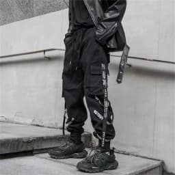 Black Cargo Pants Men Joggers Cargo Trousers for Men Jogging Japanese Streetwear Hip Hop Hippie Techwear Gothic Ribbon Pants