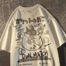 Summer Japanese Retro Pocket Cat Cartoon Printed Short Sleeve T-shirt Male Female Couples Unisex College Style Oversized Top