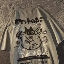 Summer Japanese Retro Pocket Cat Cartoon Printed Short Sleeve T-shirt Male Female Couples Unisex College Style Oversized Top