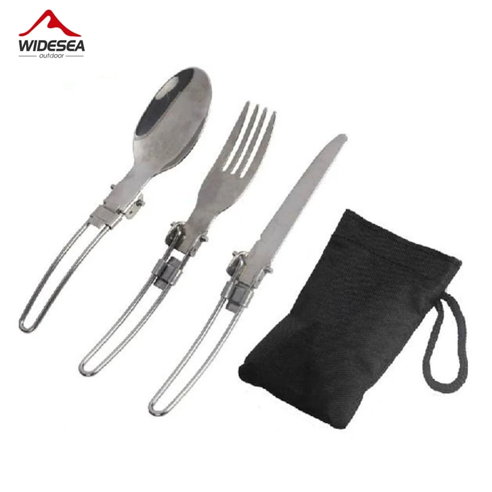 3 pcs 1 Set Portable Outdoor Camping Travel Picnic Foldable Stainless Steel Cutlery Set Spoon Fork Knife Tableware