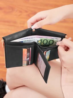 Classic and Fashionable Women's Double Zipper Short Wallet with Detachable Small Card Clip Multifunctional Three Fold Wallet