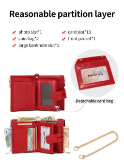 Classic and Fashionable Women's Double Zipper Short Wallet with Detachable Small Card Clip Multifunctional Three Fold Wallet
