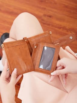 Classic and Fashionable Women's Double Zipper Short Wallet with Detachable Small Card Clip Multifunctional Three Fold Wallet