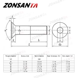 ZONSANTA M2 M2.5 M3 M4 M5 M6 Din7991 304 Stainless Steel Bolt Hexagon Hex Socket Flat Head Countersunk Screw Furniture Screws