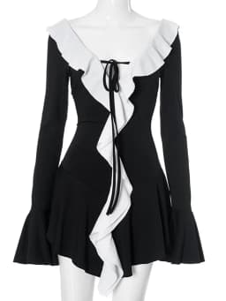 Tossy Ruffled Lace-Up White Mini Dress Women's V-Neck Patchwork Long Sleeve Sexy Slim Dress Bandage Elegant Female Summer Dress