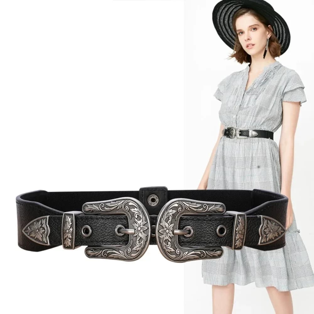 Cool Belt for Women Carved Floral Buckle Retro Fashion Elastic Waistband