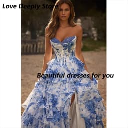 Floral Print Evening Dress Customized Tiered Ruffle A Line Prom Dress Side High Split Vestidos De Noiva Long Party Dresses