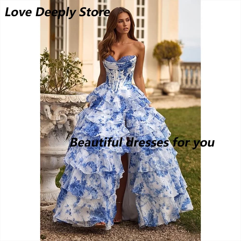 Floral Print Evening Dress Customized Tiered Ruffle A Line Prom Dress Side High Split Vestidos De Noiva Long Party Dresses
