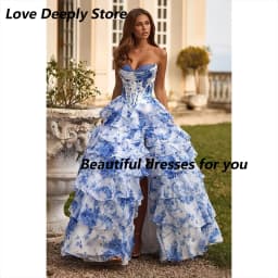 Floral Print Evening Dress Customized Tiered Ruffle A Line Prom Dress Side High Split Vestidos De Noiva Long Party Dresses