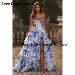 Floral Print Evening Dress Customized Tiered Ruffle A Line Prom Dress Side High Split Vestidos De Noiva Long Party Dresses