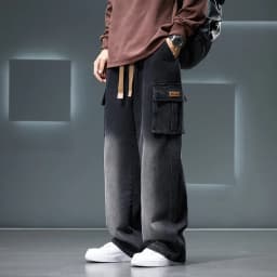 8XL Jeans New Wide Leg Washing Pants Men Trousers Neutral Solid Color Loose Casual Korean Fashion Pocket Plus Size Cargo Pant