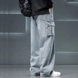 8XL Jeans New Wide Leg Washing Pants Men Trousers Neutral Solid Color Loose Casual Korean Fashion Pocket Plus Size Cargo Pant