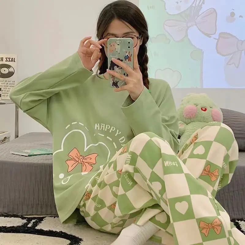 Spring and Autumn New Women's Pajamas Homewear Suit Girls Thin Section Long-Sleeved Students Big Yards Cartoon Loose Pajamas