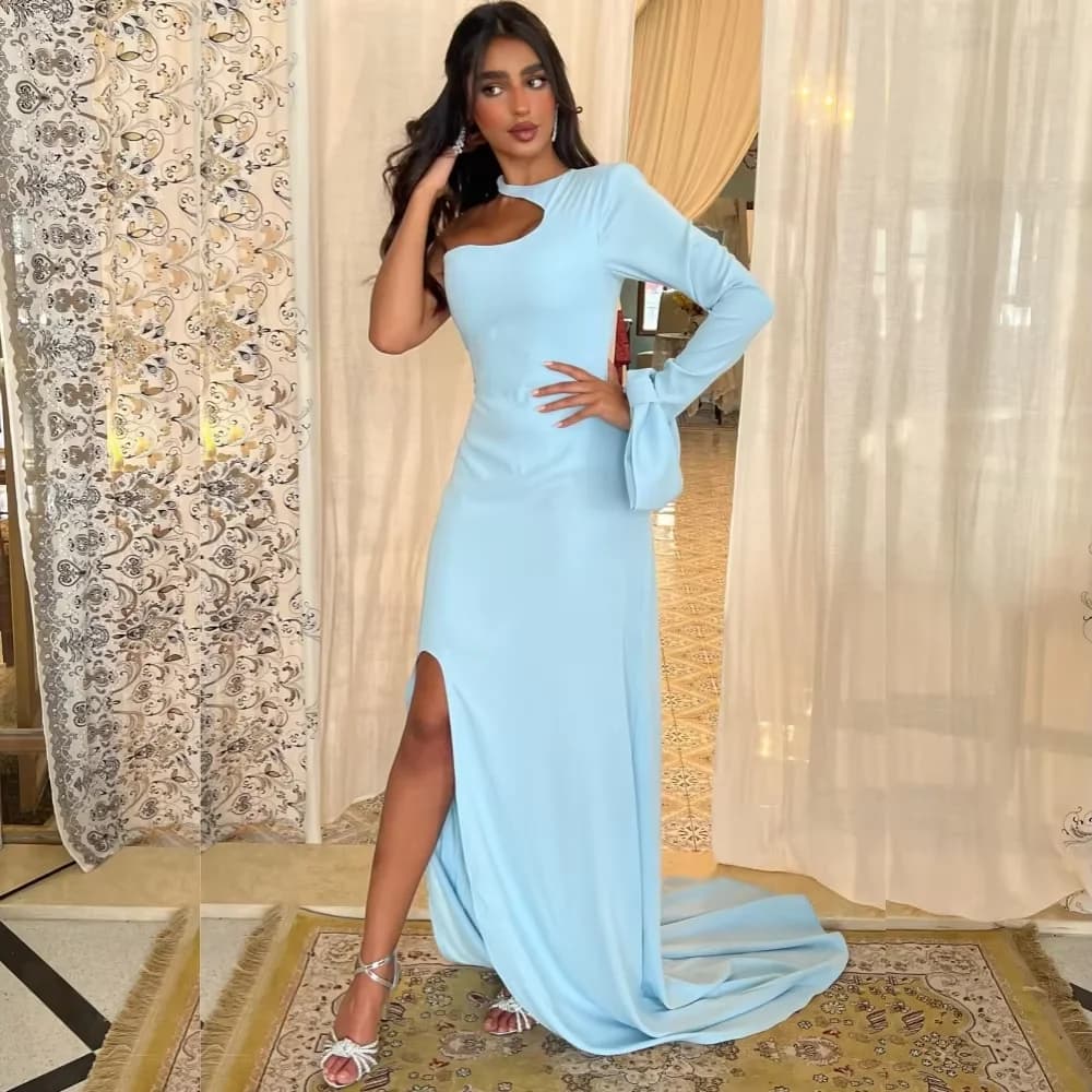 Customized Mermaid Prom Dresses Floor-Length One-Shoulder Full Sleeve Evening Gown Simple Fashion Bow Draped Party Gown