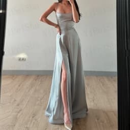 Customized A-Line Prom Dresses Floor-Length Spaghetti Strap Sleeveless Evening Gown Fashion Side Split Backless Bow Lace-Up