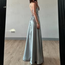 Customized A-Line Prom Dresses Floor-Length Spaghetti Strap Sleeveless Evening Gown Fashion Side Split Backless Bow Lace-Up
