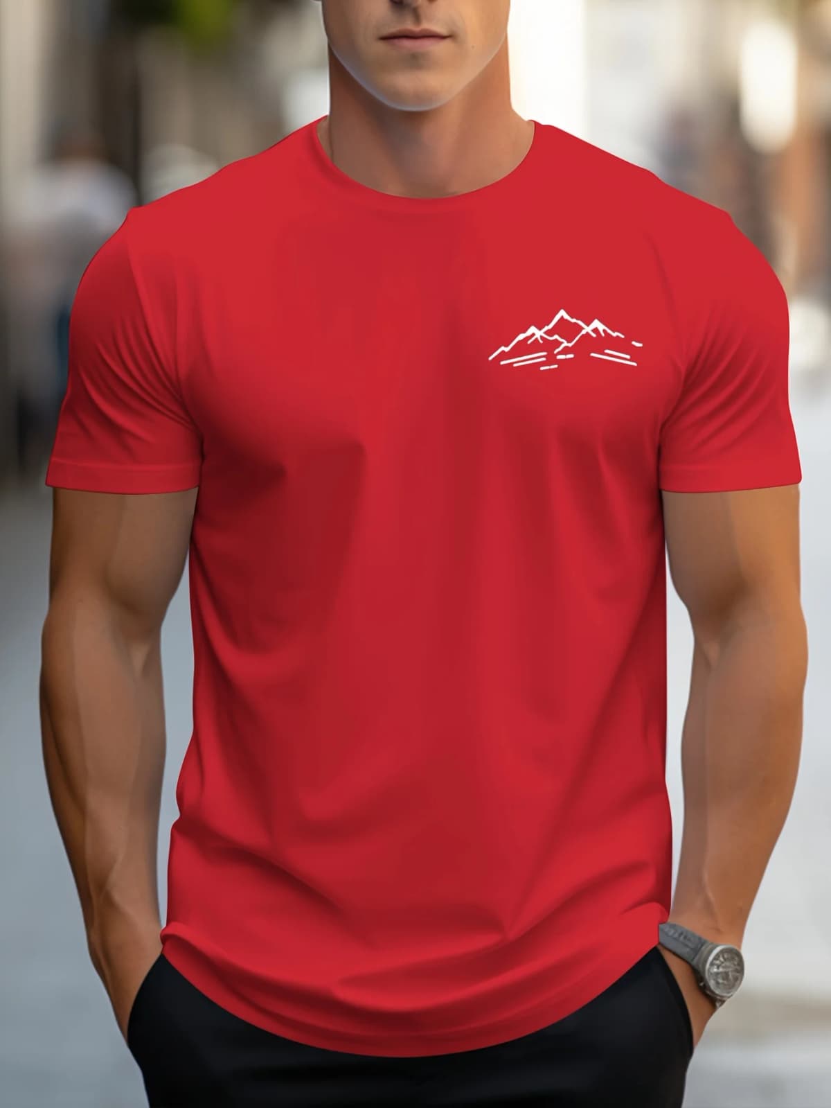 Men's Summer 100 Cotton Fashionable Casual Sports Loose Plus Size Mountain Pattern Printed Round Neck Short Sleeved T-Shirt