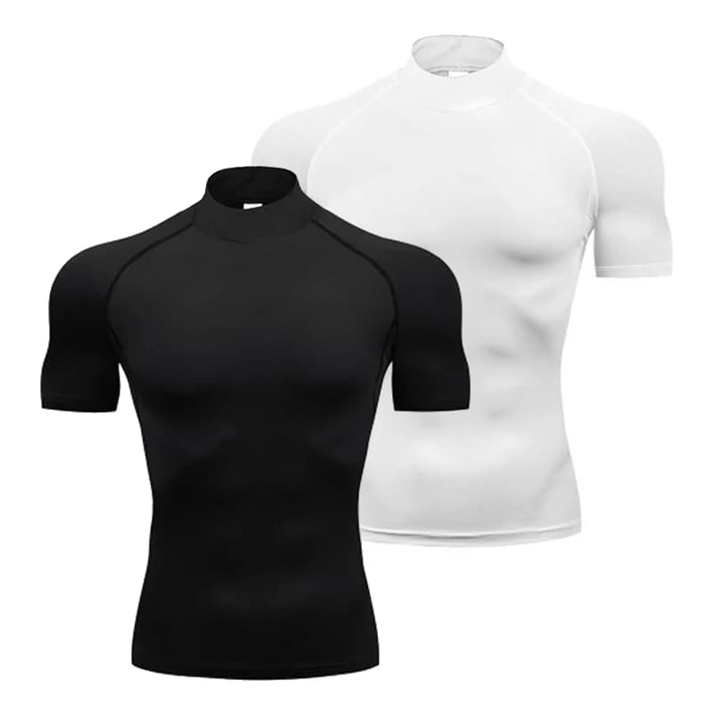 Plain Compression T Shirts Mens Summer Running T-shirts Turtleneck Elastic Quick Dry Sport Tees Athletic Gym Short Sleeve Shirt