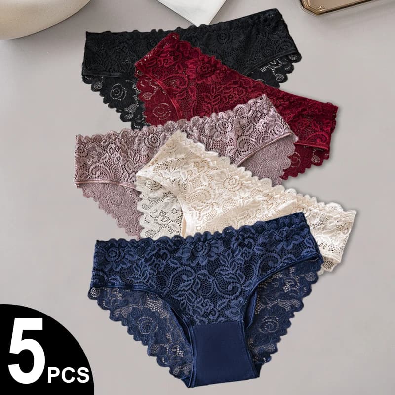 5PCS/Set Soli Color Cotton Panties Women's Lace Floral Embroidery Briefs Solid Color Sexy Female Underwear Lingerie