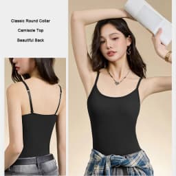 New Threaded Cotton Texture High Elastic Camisole Top with Build-in Bra Slim Bottom Sling Round Neck Fixed Cup Breathable Top