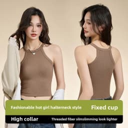 Threaded Halter Neck Camisole Top With Build-in Bra High Elastic Slim-fitting Sling Fixed Cup Breathable Women Underwear